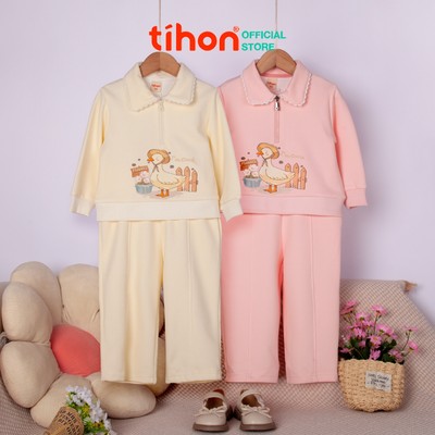 Bộ quần áo cho bé gái TIHON set nỉ mùa đông dày dặn khóa kéo hình dễ thương SET0744077