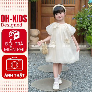 Váy Bé Gái Trắng Kem Dáng Bí Bồng Bềnh, Chất Liệu Voan Cao Cấp, Đính Hoa 3D, Phù Hợp Dịp Hè OH07