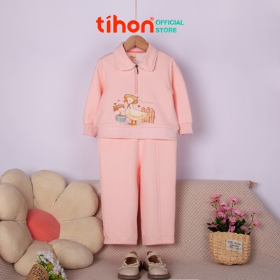 Set nỉ cho bé gái TIHON cao cấp đồ mùa đông thiết kế cổ kéo khóa in hình vịt trendy SET0744077