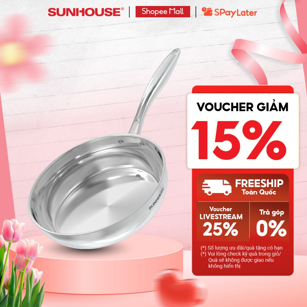 Chảo inox 304 đa lớp cao cấp SUNHOUSE IN20-24-26M6E - 3 lớp liền khối - Cán rỗng hạn chế bỏng