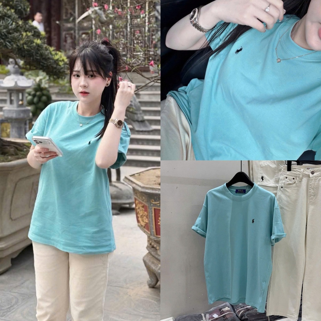 ÁO PHÔNG TRƠN XANH MINT CỘC TAY THÊU NGỰA cotton 4c cổ tròn FORM RỘNG | BigBuy360 - bigbuy360.vn