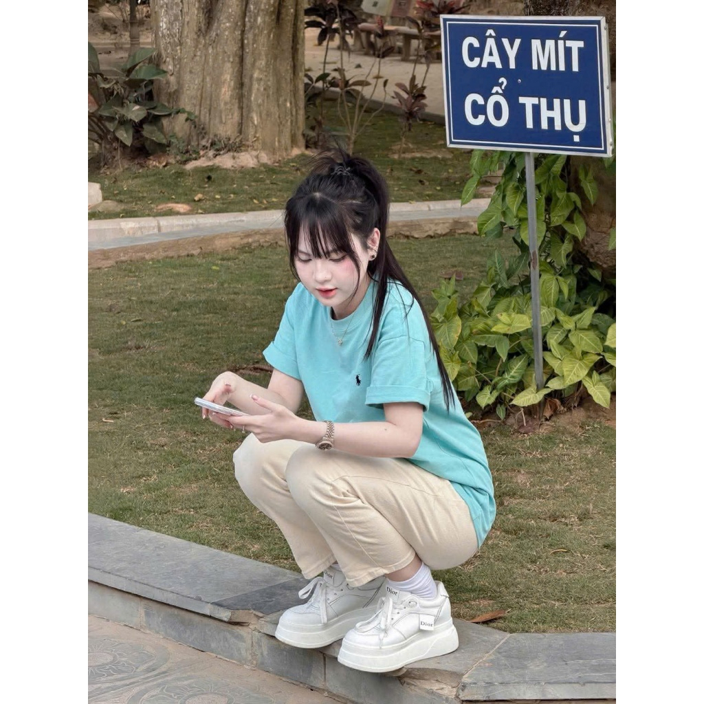 ÁO PHÔNG TRƠN XANH MINT CỘC TAY THÊU NGỰA cotton 4c cổ tròn FORM RỘNG | BigBuy360 - bigbuy360.vn