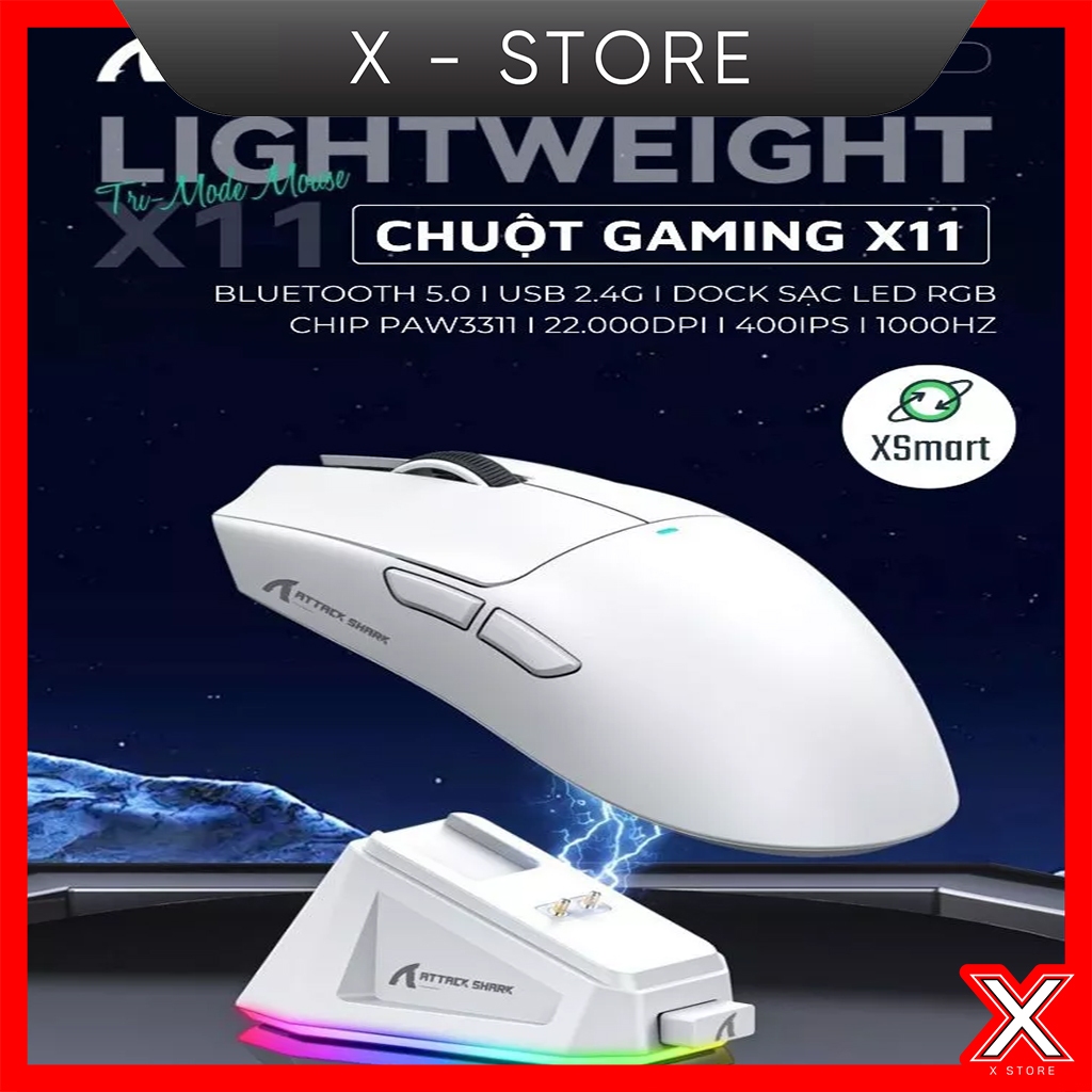 Chuột Gaming Không Dây Bluetooth Attack Shark X11 Chip PRO PAW3311 Có Dock Sạc LED, 22000 DPI