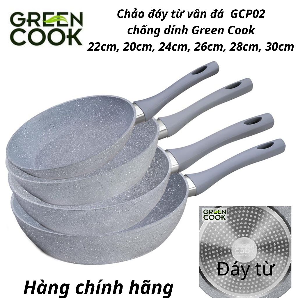 Chảo Green cook vân đá chống dính đáy từ GCP02 size 20-22-24-26-28-30 cm tay cầm chịu nhiệt chống dí