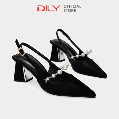 Giày slingback DILY mũi nhọn phối quai ngọc trai sang trọng, gót vuông cao 6cm DL0620