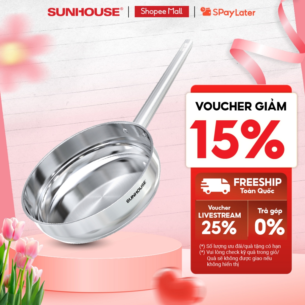 Chảo Inox 304 cao cấp Sunhouse Healthy IN16-20-24-26-28M9 - Phù hợp mọi loại bếp - Tay cầm Inox không gỉ | BigBuy360 - bigbuy360.vn