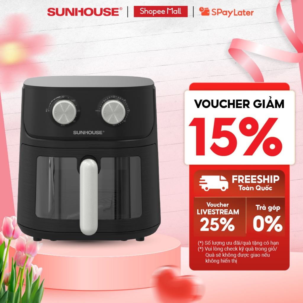 [Độc quyền] Nồi chiên không dầu 6.5L SUNHOUSE SHD4032 - Công nghệ Rapid Air giảm tới 80% dầu - Khoang chiên trong suốt