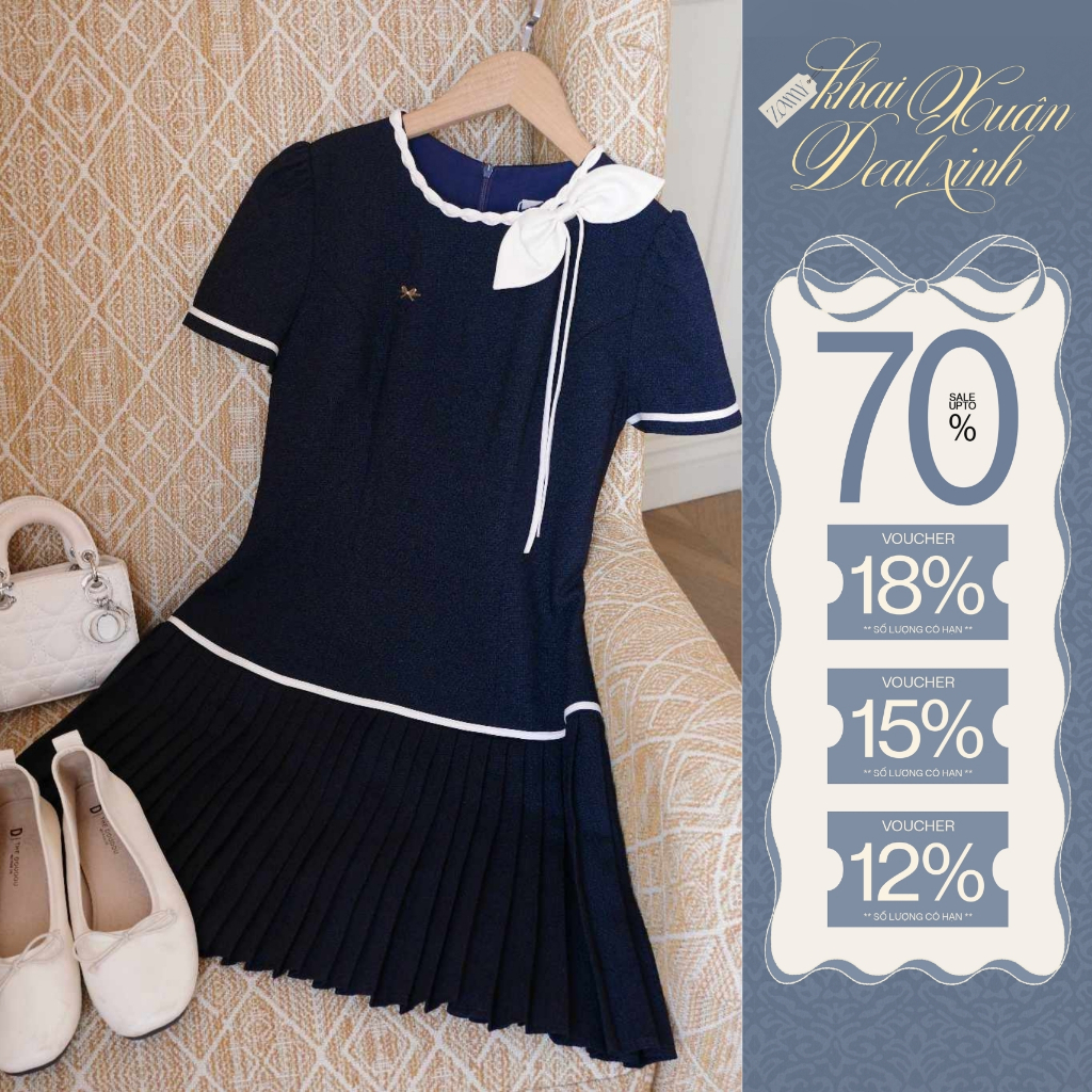 ZAMY SHOP - Váy thiết kế phối nơ chân dập ly, váy tiểu thư, váy đi chơi, đi làm sang trọng