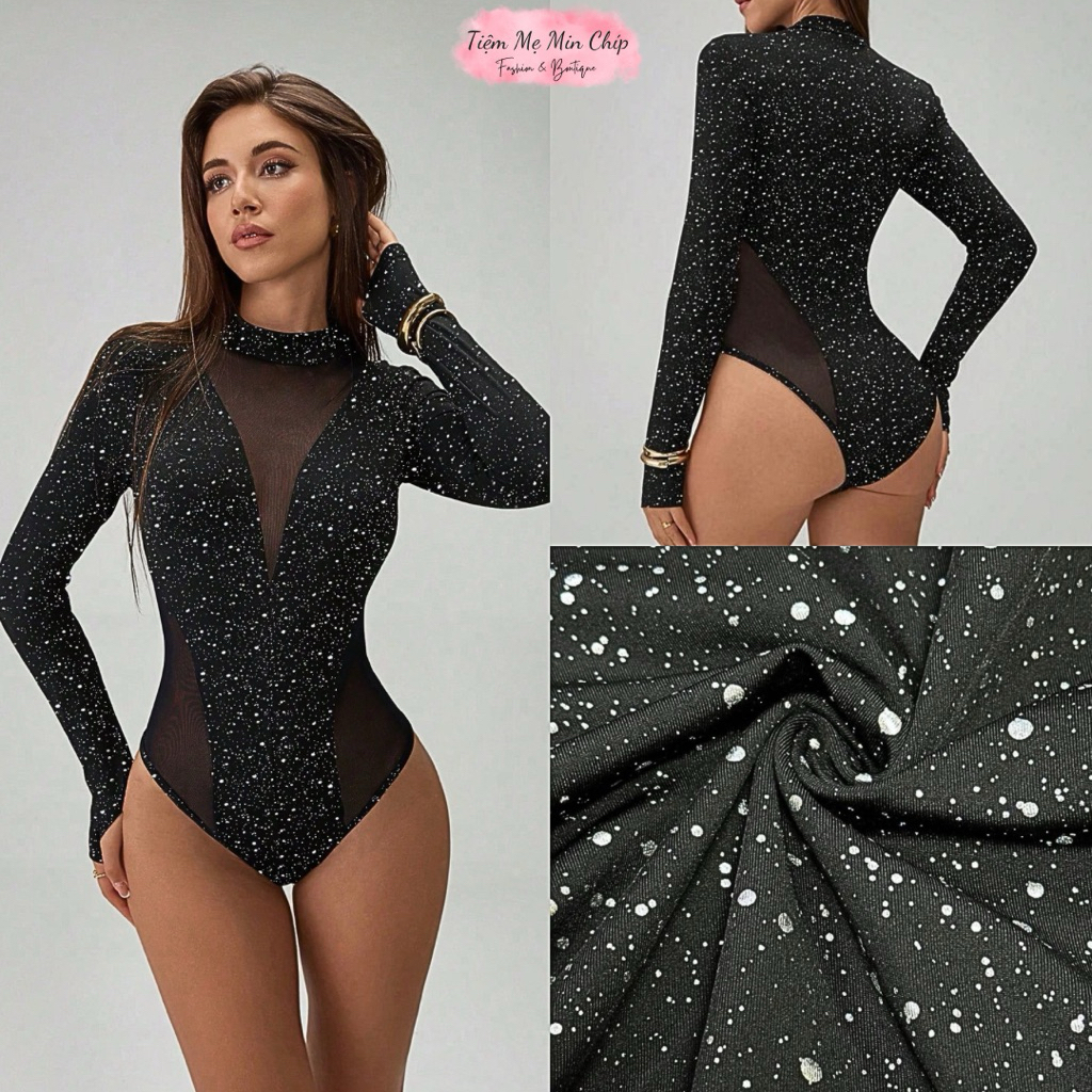 Bodysuit nữ tay dài đính kim sa lấp lánh cổ cao phối lưới quyến rũ