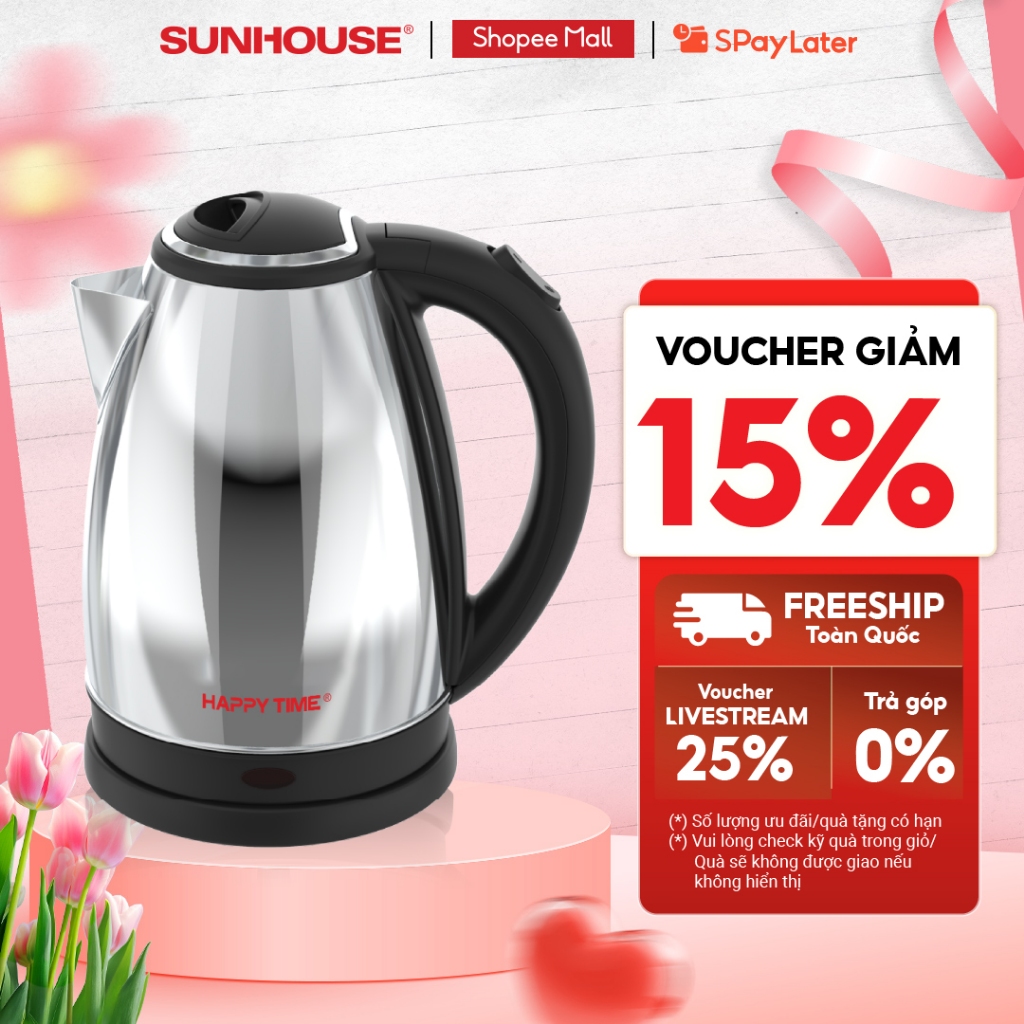 Ấm siêu tốc 1.5L SUNHOUSE Happy Time HTD1055 - Tự ngắt khi nước sôi, cạn nước - Tay cầm chống nóng, thân inox không gỉ