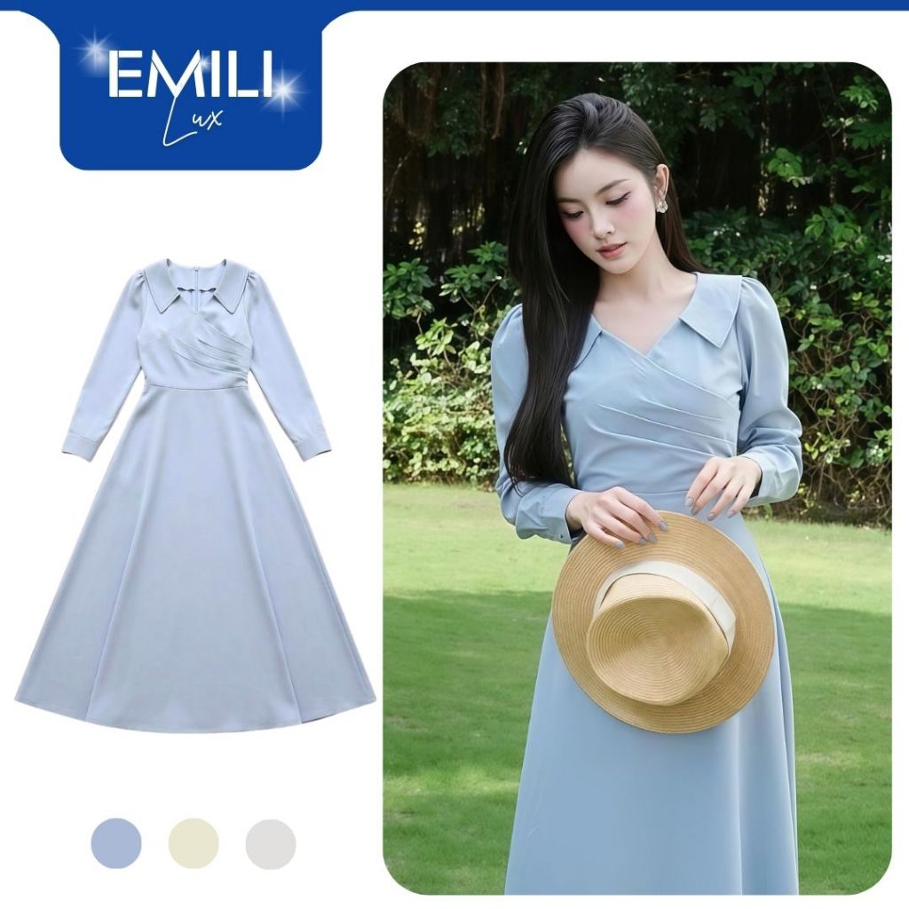 Váy sơ mi nữ dài tay dáng dài thắt eo tuỳ chỉnh Emili Lux đầm sơ mi công sở thanh lịch nhã nhặn V554