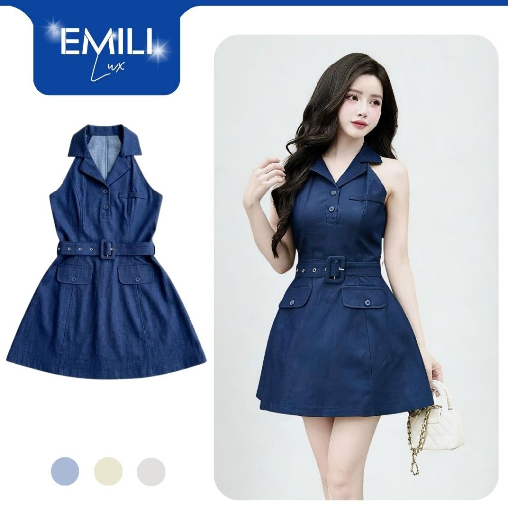 Đầm ngắn chữ A dáng cổ V Emili đầm không tay cổ bẻ phối đai phong cách [V333]