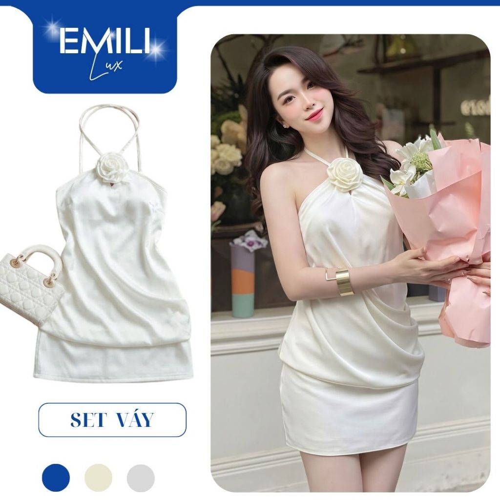 Set lụa cổ yếm đính hoa hở lưng phối chân váy chữ A Emili Lux bộ áo ống lệch vai sang chảnh B164