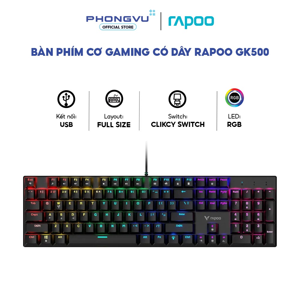 Bàn phím cơ Gaming có dây Rapoo GK500 - Full Size - Đèn RGB - Kết nối USB - Bảo hành 24 tháng