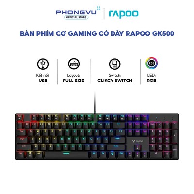 Bàn phím cơ Gaming có dây Rapoo GK500 - Full Size - Đèn RGB - Kết nối USB - Bảo hành 24 tháng