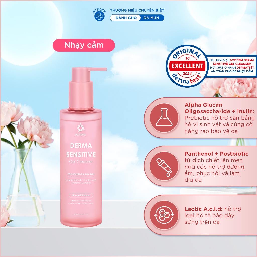 Gel rửa mặt dành cho da khô, nhạy cảm Actidem Derma Sensitive Gel Cleanser 200ml