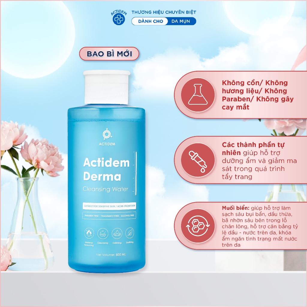 Tẩy trang không cay mắt Actidem Derma Cleansing Water cho da mụn, nhạy cảm 50/480/500ml