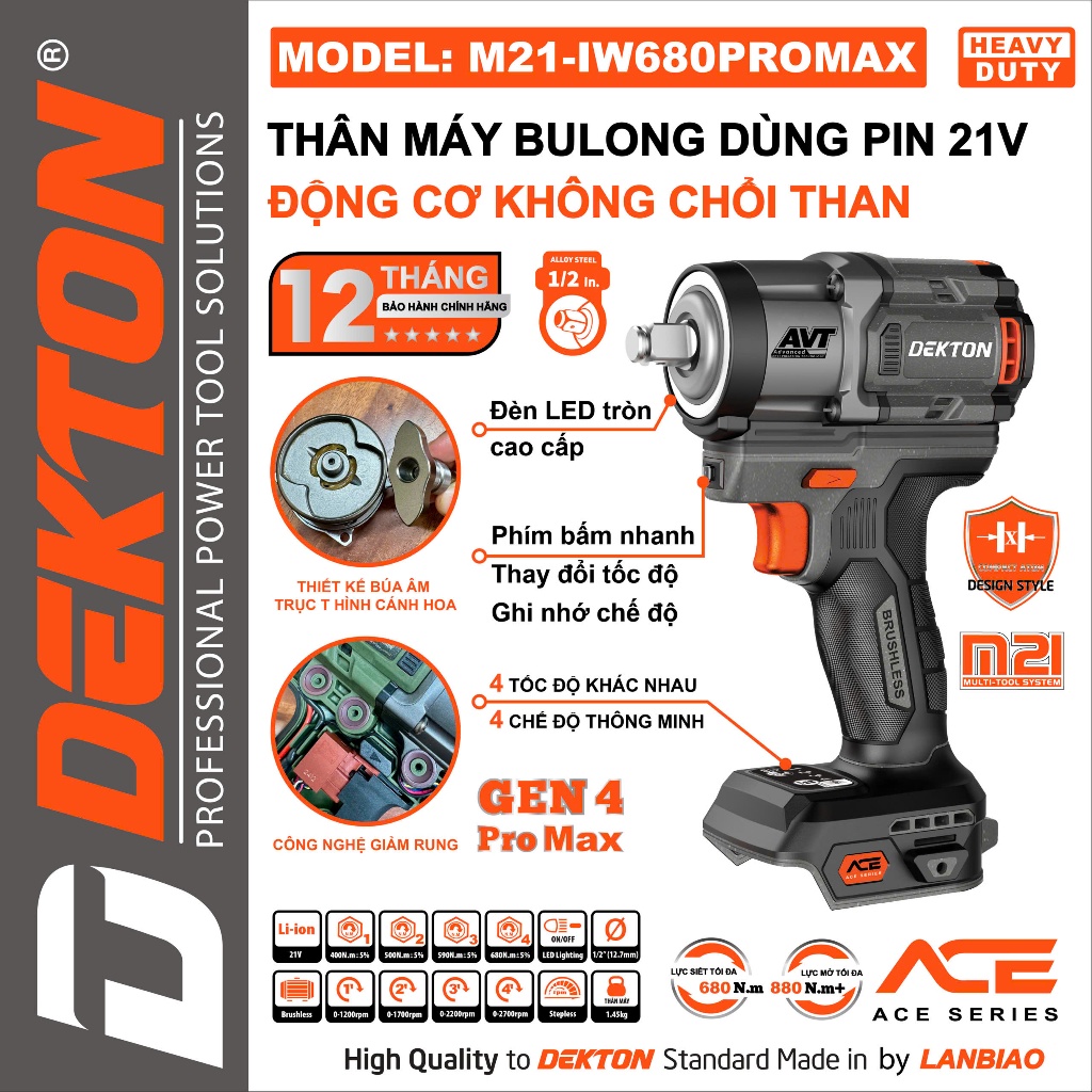 Máy Siết Mở Bulong 21V Dekton M21-IW680PROMAX (Gen 4)