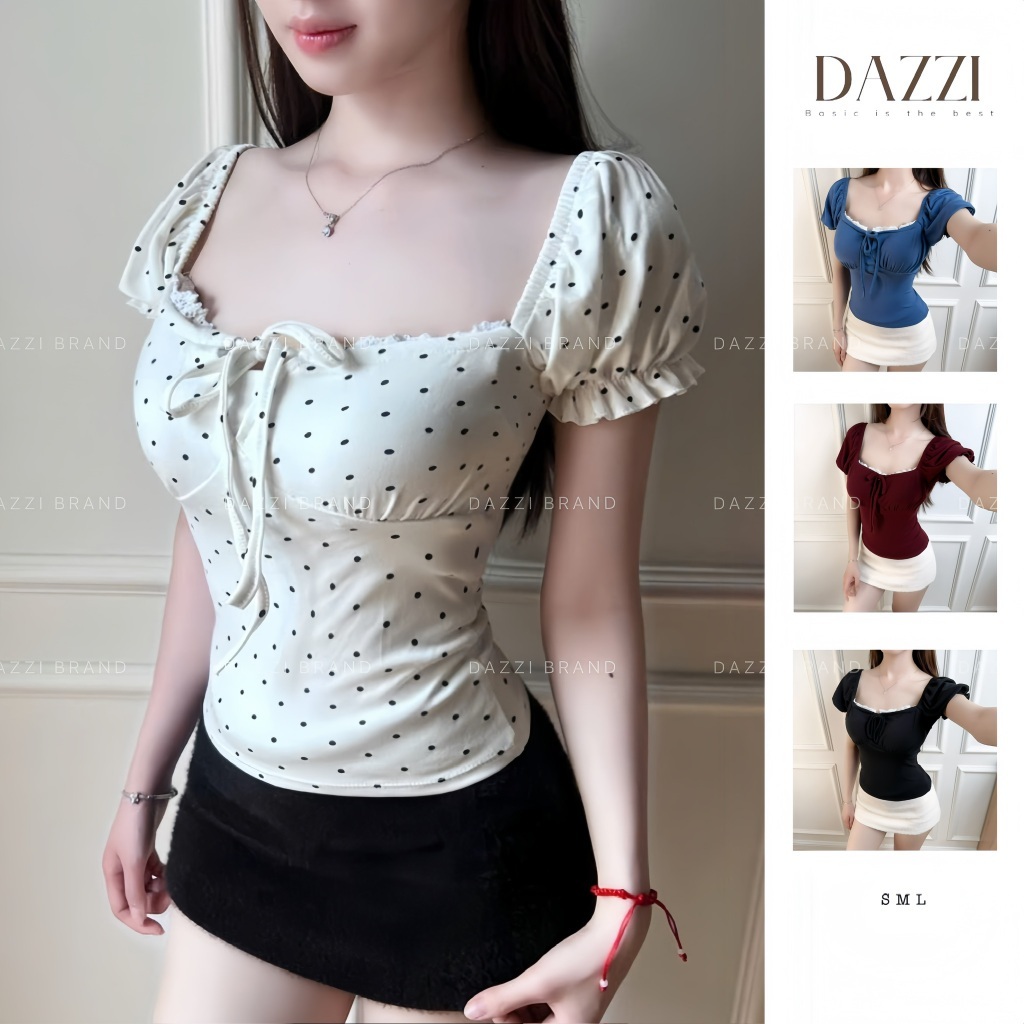 [SC] Áo thun nữ cổ vuông phối ren thắt nơ tay phồng xinh xắn vải Cotton mịn DAZZI Women A052
