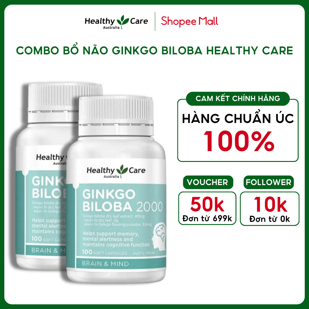 Combo bổ não Healthy Care Ginkgo Biloba 2000mg hỗ trợ cải thiện trí nhớ, tăng tuần hoàn máu não