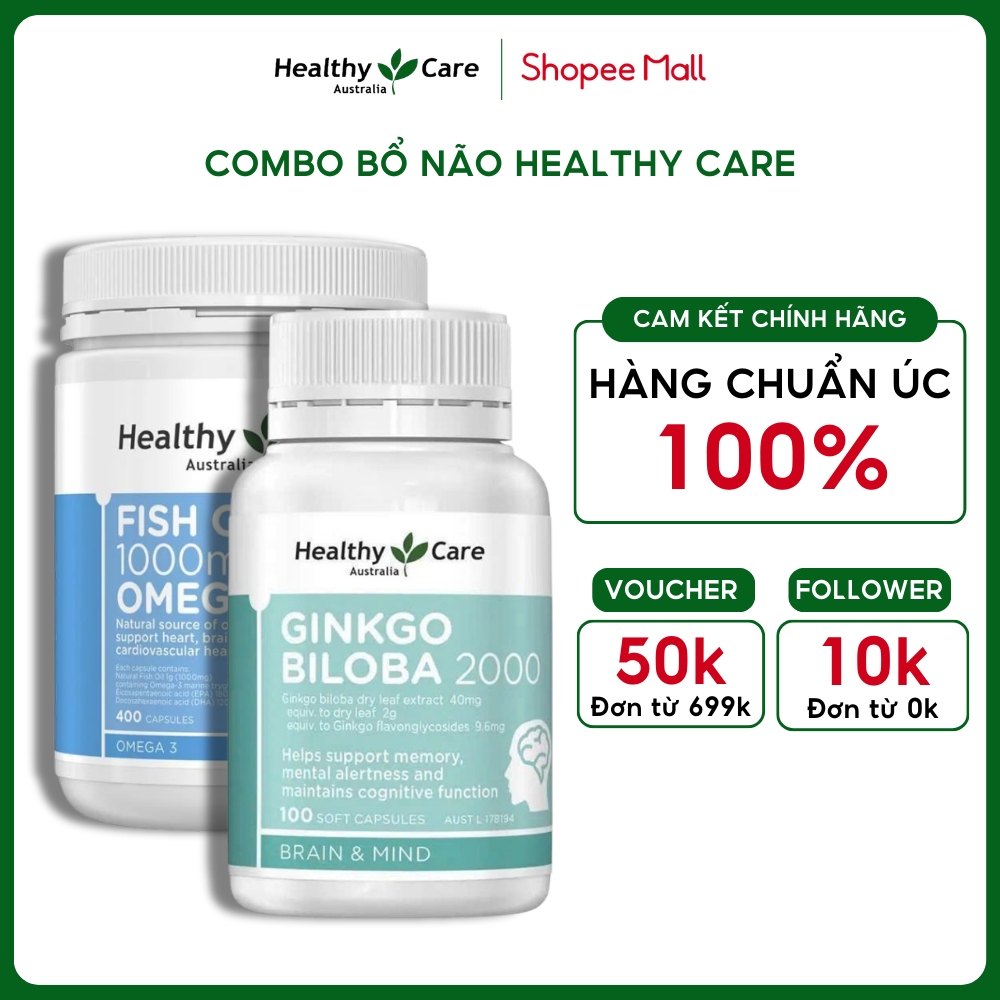 Combo bổ não Ginkgo Biloba 2000mg và dầu cá Fish Oil 1000mg Healthy Care hỗ trợ trí nhớ và tim mạch