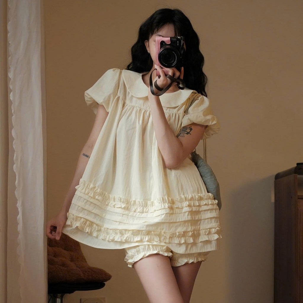 (Tặng quần bí) Áo Váy Babydoll Cổ Sen 2 Lớp Form Rộng Gấu Viền Bèo Kèm Quần Bí Phồng Bo Chun 247Store | BigBuy360 - bigbuy360.vn