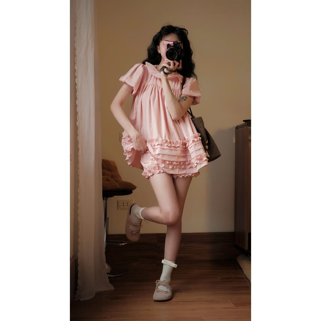 Áo Váy Babydoll Hari Cổ Sen 2 Lớp Form Rộng Gấu Viền Bèo Bo Chun | BigBuy360 - bigbuy360.vn