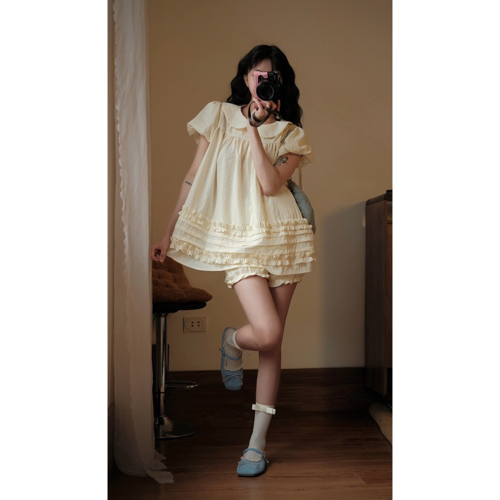 Áo Váy Babydoll Hari Cổ Sen 2 Lớp Form Rộng Gấu Viền Bèo Bo Chun | BigBuy360 - bigbuy360.vn