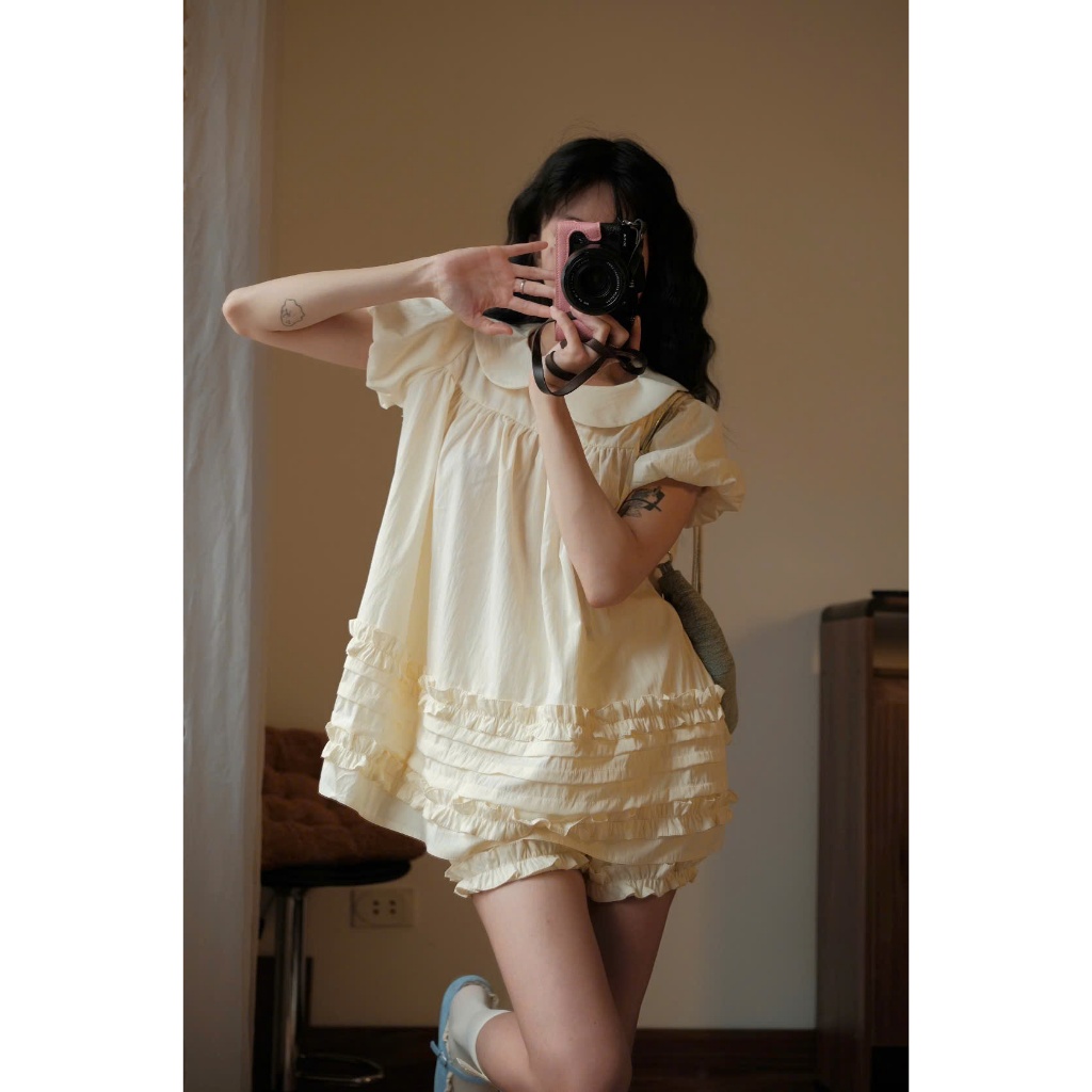 Áo Váy Babydoll Hari Cổ Sen 2 Lớp Form Rộng Gấu Viền Bèo Bo Chun | BigBuy360 - bigbuy360.vn