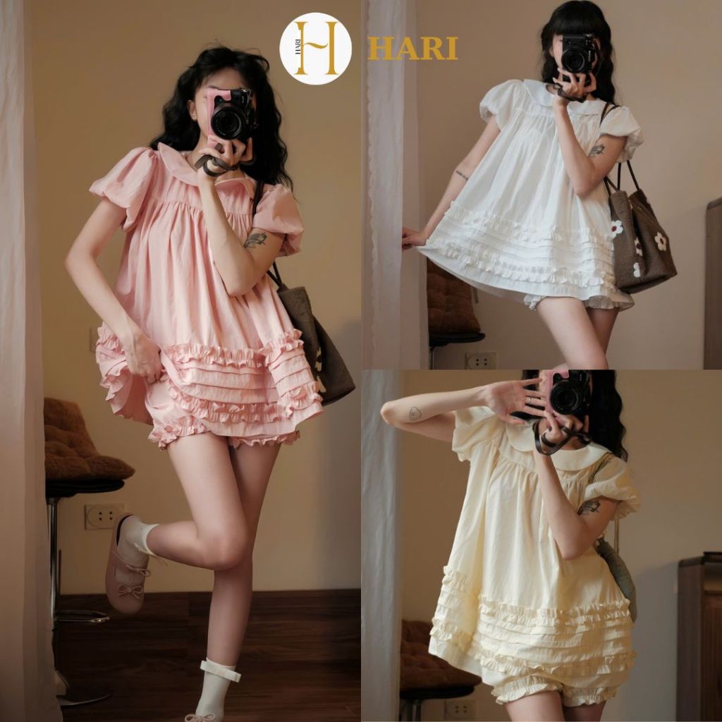 Áo Váy Babydoll Hari Cổ Sen 2 Lớp Form Rộng Gấu Viền Bèo Bo Chun | BigBuy360 - bigbuy360.vn