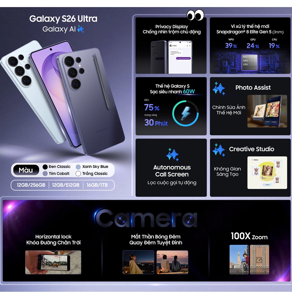 Điện thoại Samsung Galaxy S26 Ultra 12GB + 256GB| Privacy Display| Chip Snapdragon| Galaxy AI Phone | BigBuy360 - bigbuy360.vn