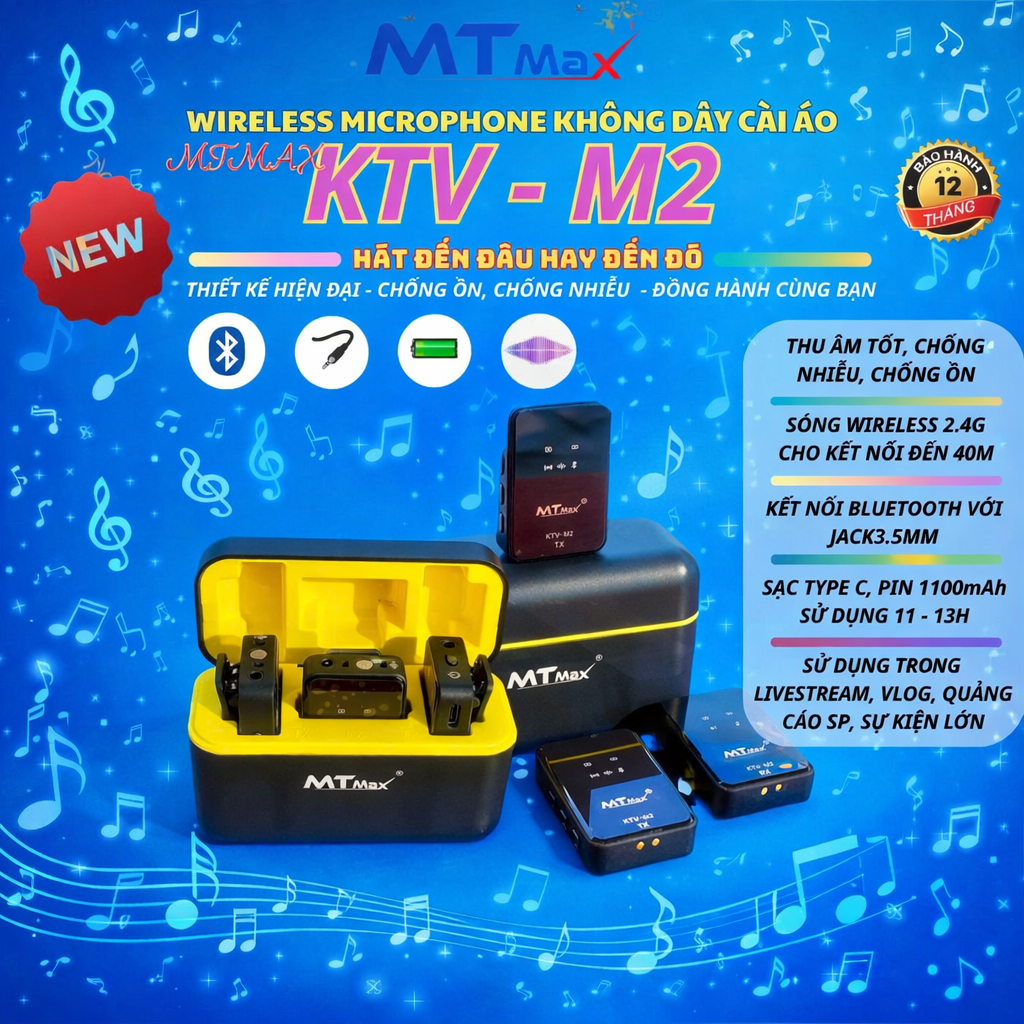 Micro Wireless Microphone Không Dây MTMAX KTV-M2, Chống Nhiễu, Chống Ồn, Thu Âm Tốt