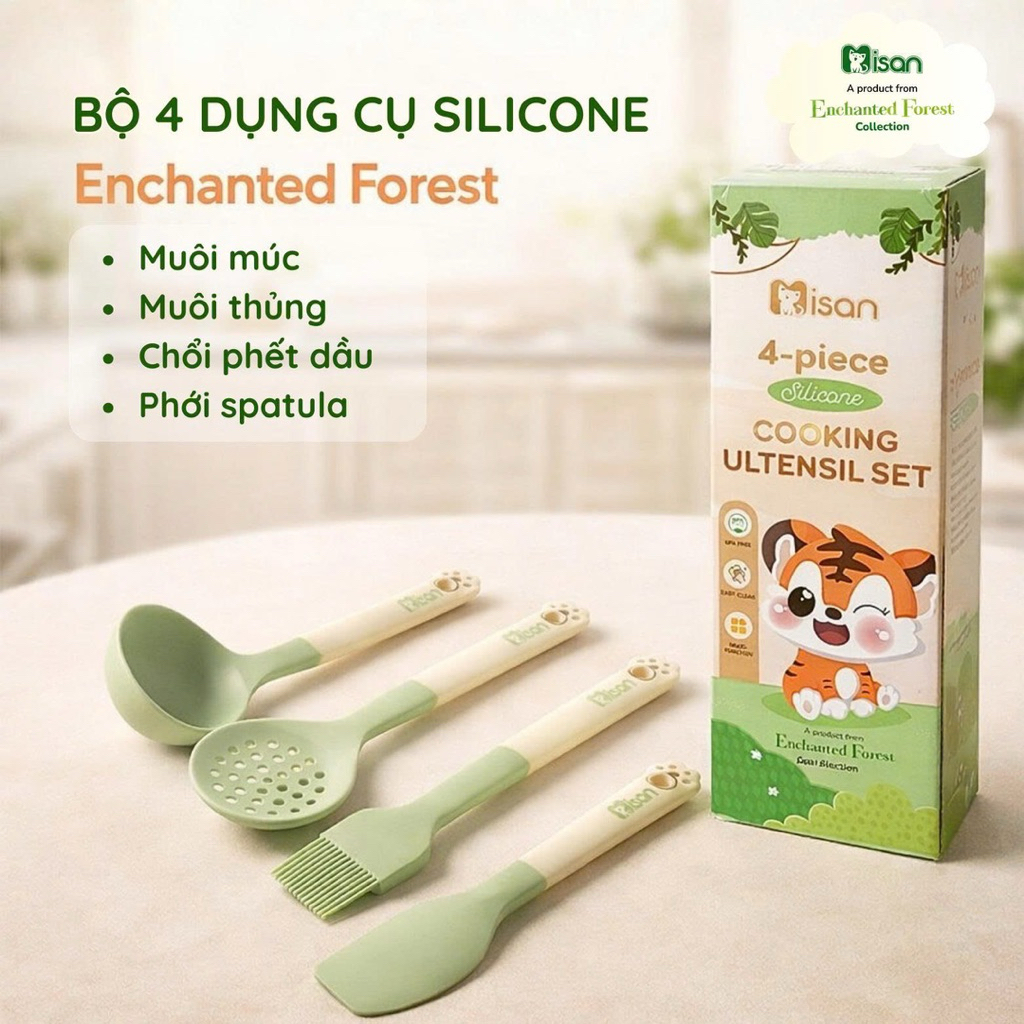 [MISAN] - Bộ 4 dụng cụ nấu ăn dặm Silicone Enchanted Forest nấu ăn dặm cho bé an toàn tiện lợi