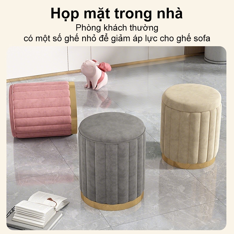 HEINO Ghế đôn sofa Ghế đôn trang điểm bọc nhung, chân gỗ tự nhiên, viền inox vàng, phong cách Bắc Âu | BigBuy360 - bigbuy360.vn