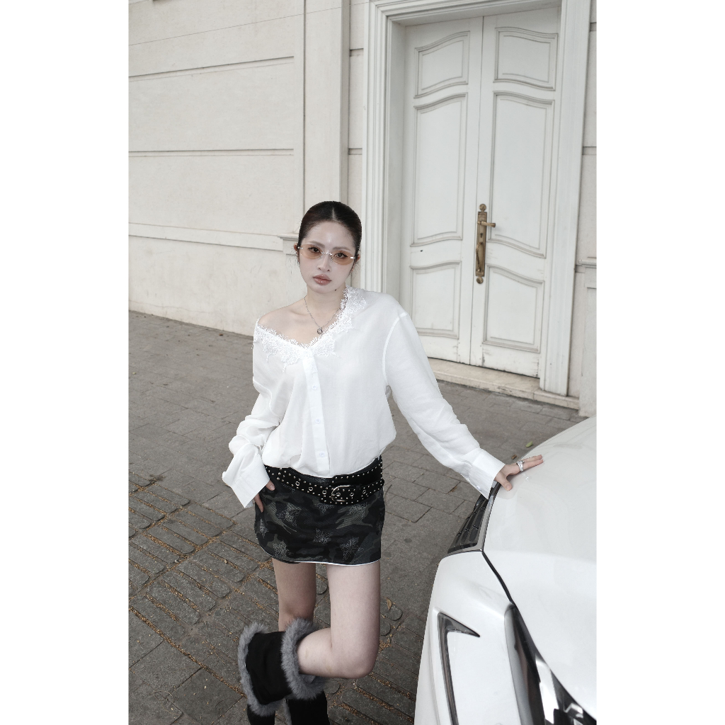 Áo sơ mi phối ren Bare Shoulder Top - by NHEX