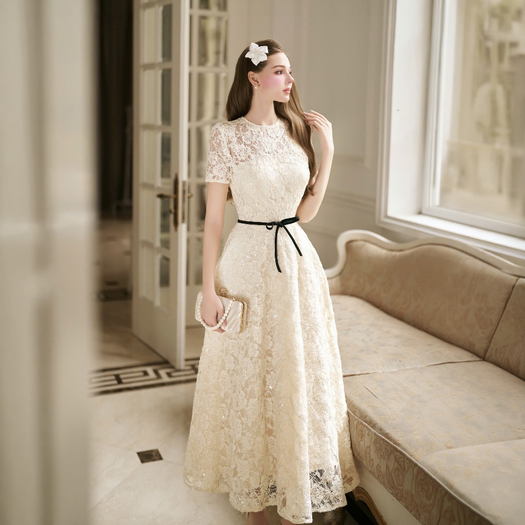 Lina Dress | Váy tiệc nữ thiết kế ren hoa cao cấp H.I.U Fashion | dáng dài 3 lớp ánh kim tiểu thư sang trọng HIU Design
