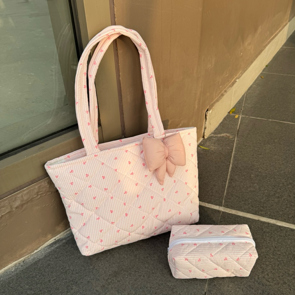 [Tặng charm] Túi tote chần bông size 42x30 đựng laptop,a4 có khoá kéo ngăn phụ siêu tiện lợi