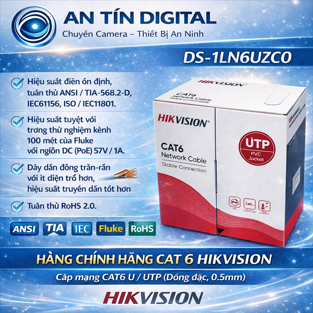 CÁP MẠNG CAT6 BÁN SẴN  HIKVISION DS-1LN6UZC0 – CUỘN 305M (ĐỒNG ĐẶC 0.5MM)