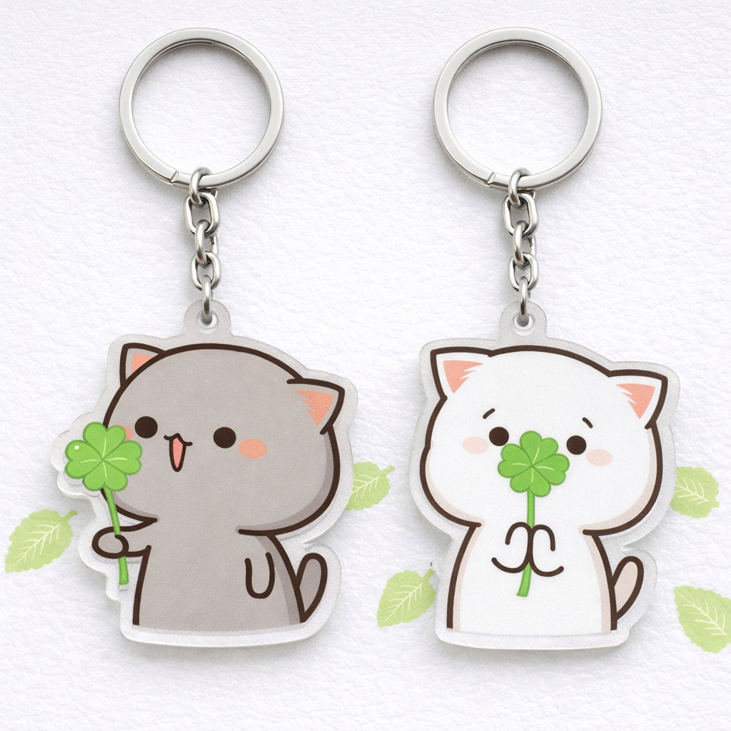 Móc khoá Cặp đôi Mèo Peach (trắng) và Mèo Goma (xám) may mắn