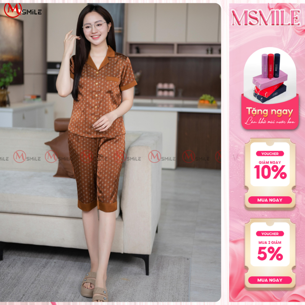 Bộ mặc nhà MSMILE lụa Satin cao cấp tay ngắn quần lửng, chấm bi, chất liệu mịn màng, thoáng mát - BD