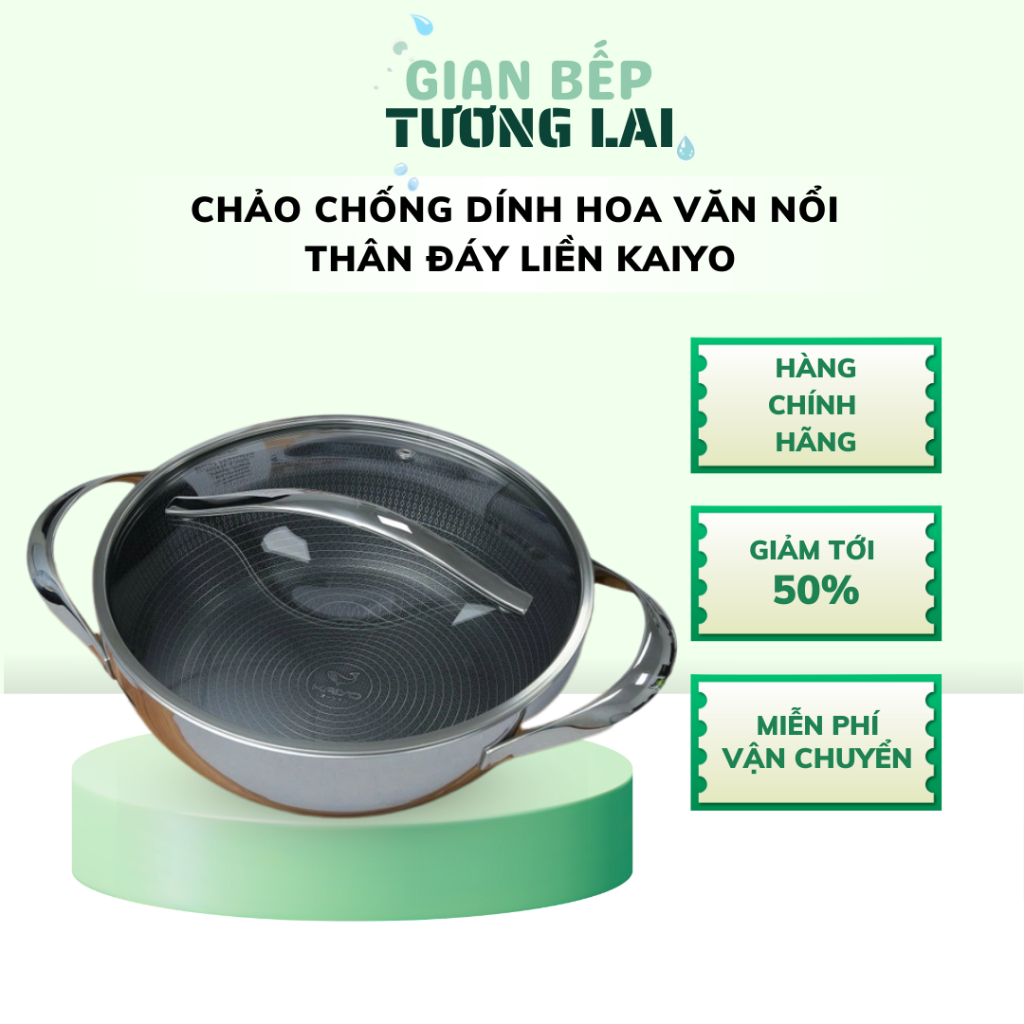 Chảo Inox Chống Dính KAIYO Hoa Văn Nổi 24CM 28CM – Chảo Sâu Lòng 2 Tay Cầm Kèm Vung Kính