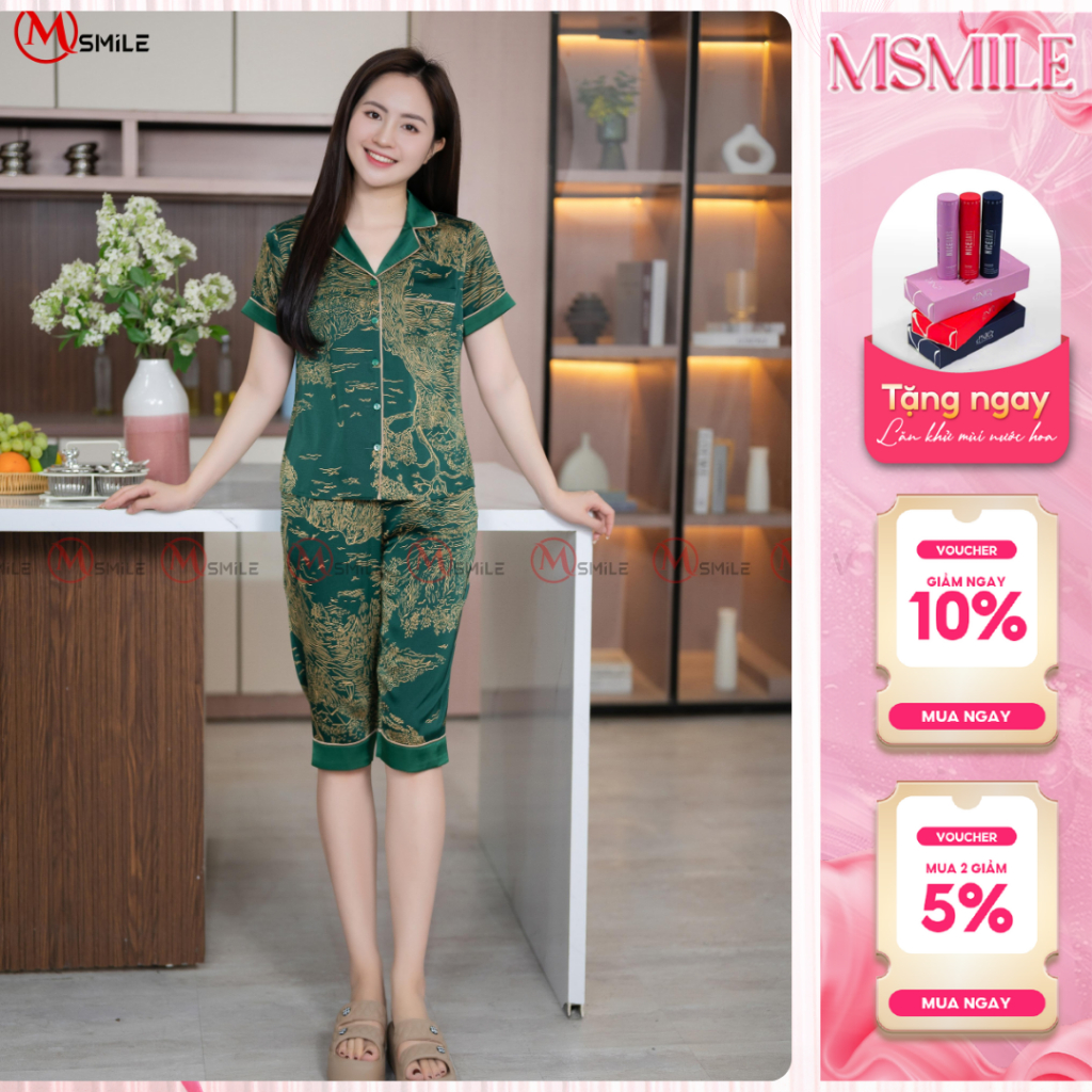 Bộ mặc nhà MSMILE lụa Satin cao cấp tay ngắn quần lửng, chất liệu mịn màng, thoáng mát - BD512