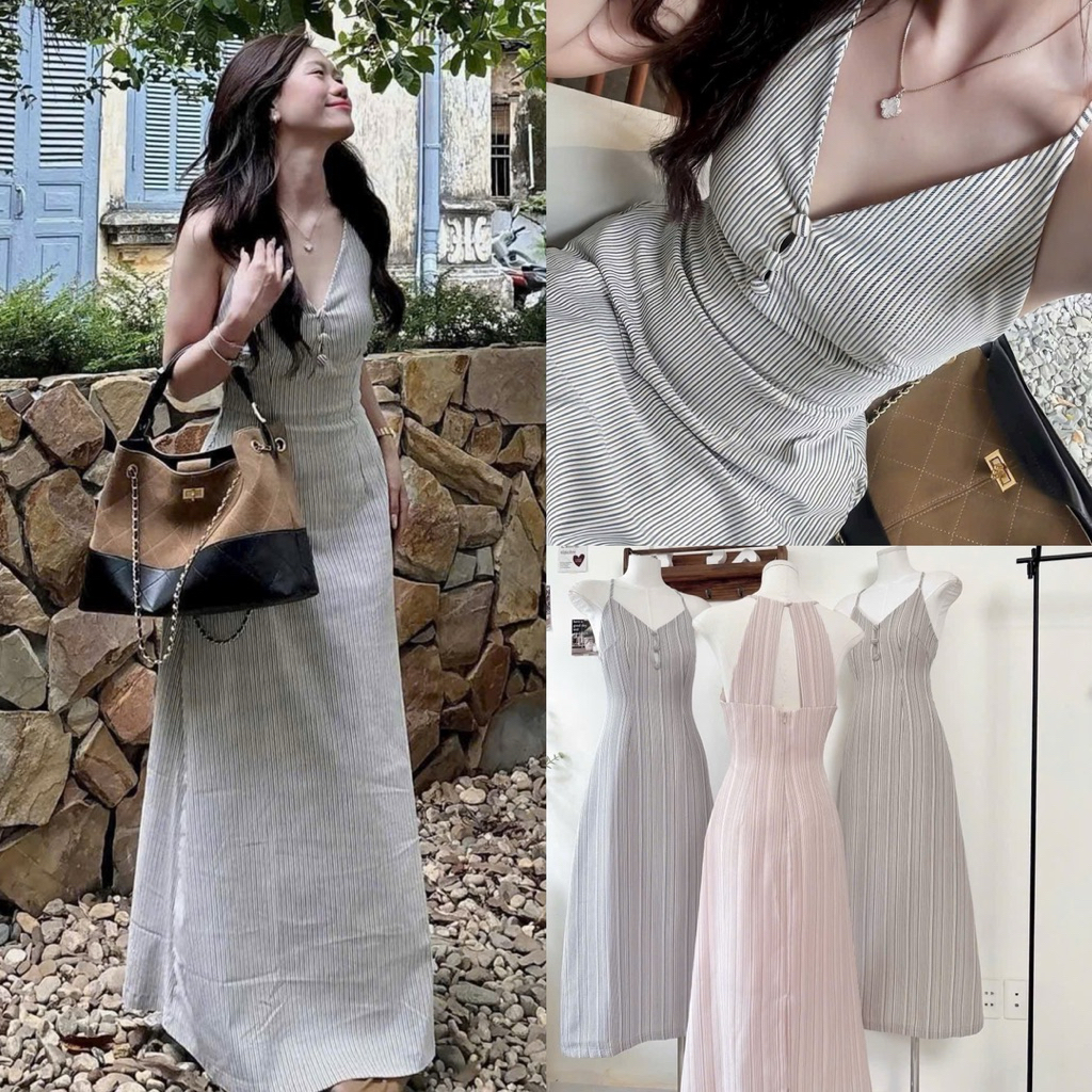 ( Sam’s Clothing ) Đầm maxi nử cổ yếm sọc nút bọc hơ lưng xinh xắn