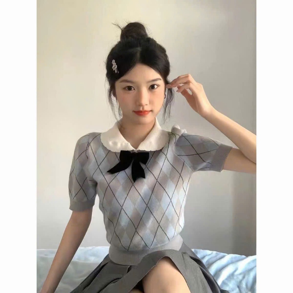 (HÀNG QCCC) Áo len dệt kim cổ polo phối nơ họa tiết kẻ caro phong cách tiểu thư HMH SP434 | BigBuy360 - bigbuy360.vn