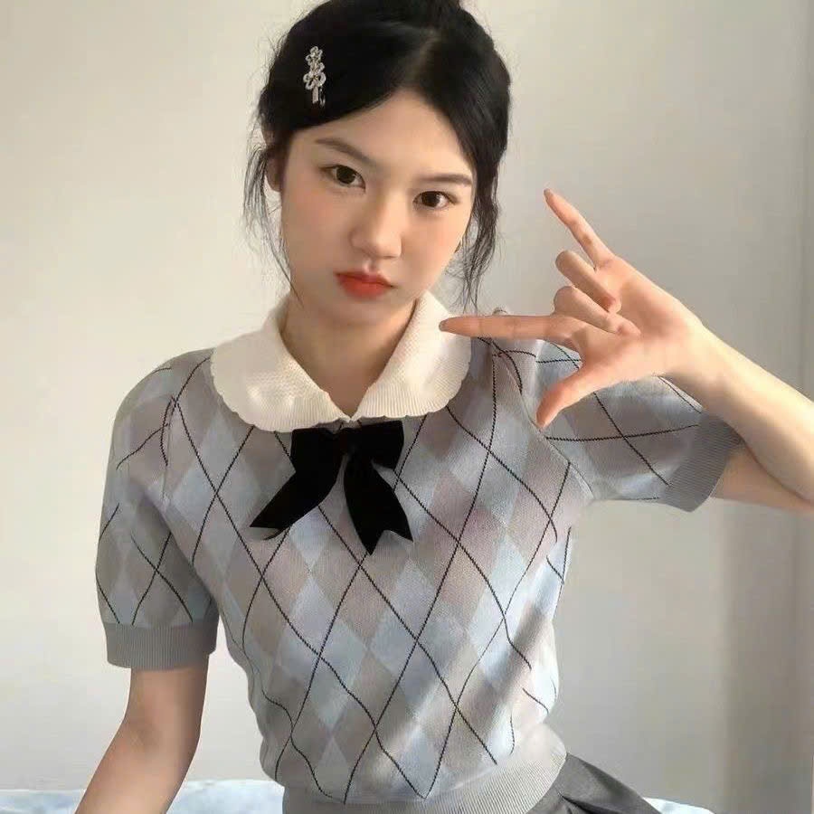 (HÀNG QCCC) Áo len dệt kim cổ polo phối nơ họa tiết kẻ caro phong cách tiểu thư HMH SP434 | BigBuy360 - bigbuy360.vn