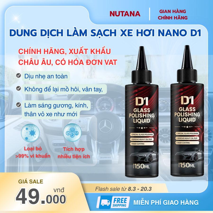 Dung dịch nano D1 tẩy ố kính, gương ô tô cao cấp  150ml giúp loại bỏ màng dầu, cặn canxi trên kính l