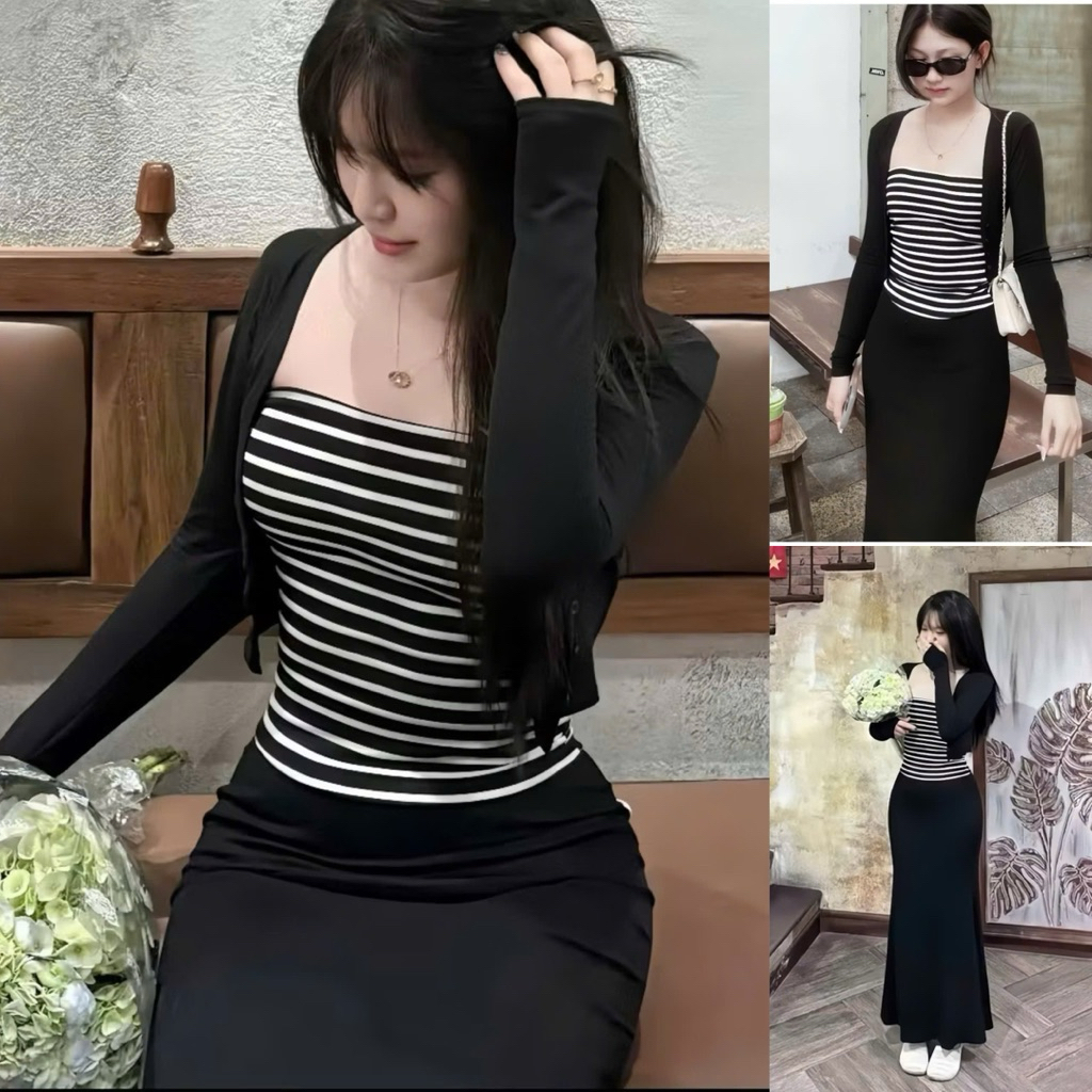 Set đồ nữ xinh áo ống sọc tube áo khoác cardigan kèm chân váy đuôi cá dáng cao xoè xinh LOVITY CVG31