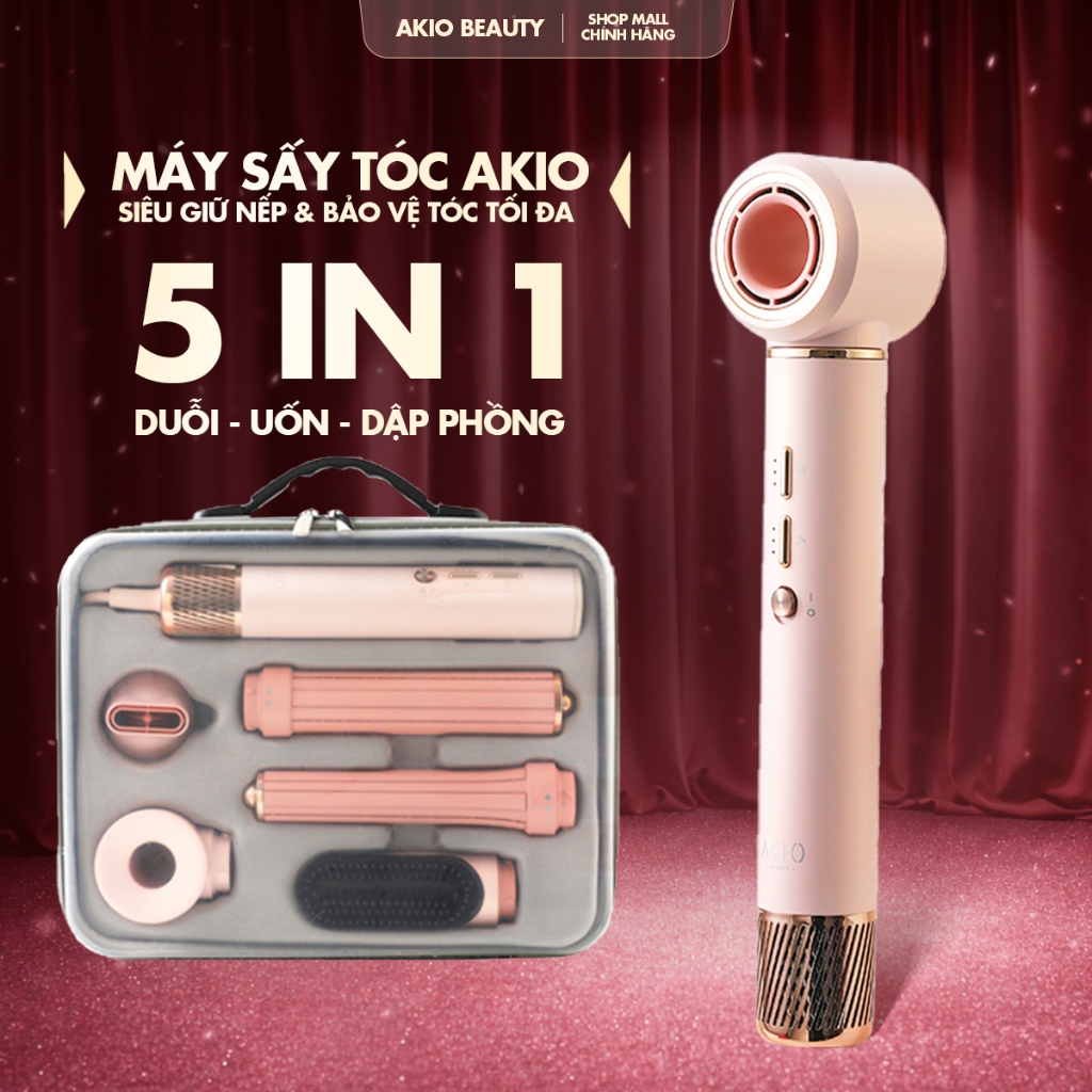 Máy Sấy Tóc Tạo Kiểu 5in1 AKIO BEAUTY Công Nghệ Ion Âm Bảo Vệ Tóc, Công Suất 1300W Bảo Hành 36 Tháng