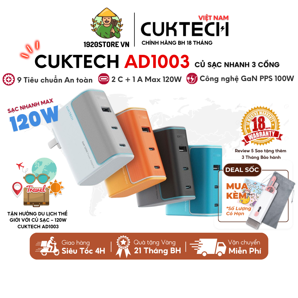 Củ Sạc GaN CUKTECH 10 AD1003 2C1A, Công Suất 100W Max, Hỗ Trợ Sạc Nhanh, 3 Cổng - Bảo Hành 18 Tháng
