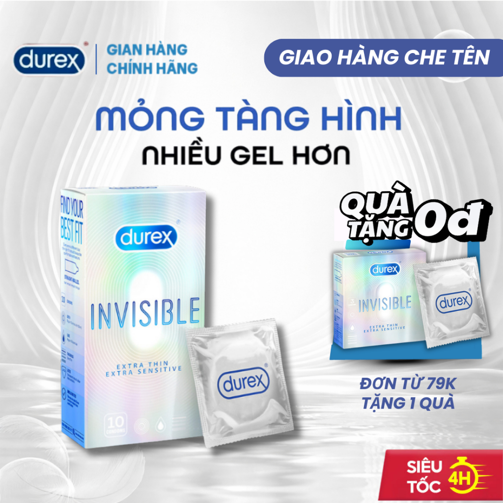 Bao Cao Su Siêu Mỏng Durex Invisible Nhiều Gel Bôi Trơn Chính Hãng - Hộp 10 Bcs